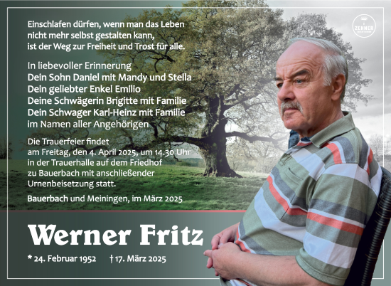 Traueranzeige von Werner Fritz von Südthüringer Presse