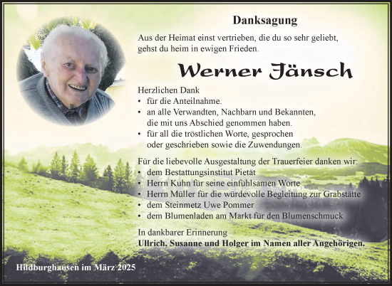 Traueranzeige von Werner Jänsch von Südthüringer Presse