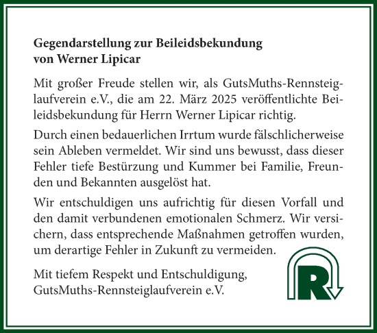 Traueranzeige von Werner Lipicar von Südthüringer Presse