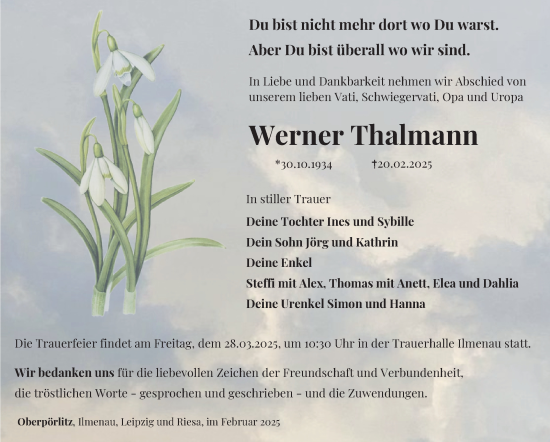 Traueranzeige von Werner Thalmann von Südthüringer Presse