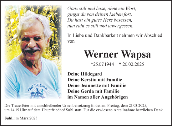 Traueranzeige von Werner Wapsa von Südthüringer Presse