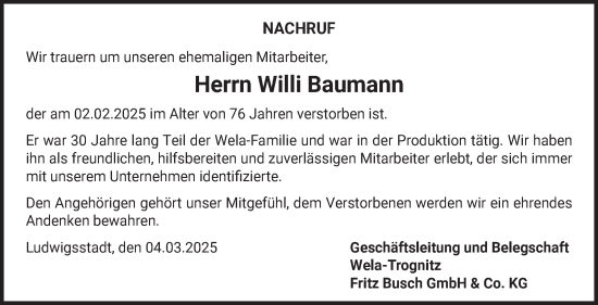Traueranzeige von Willi Baumann von Neue Presse Coburg