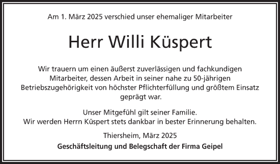 Traueranzeige von Willi Küspert von Frankenpost