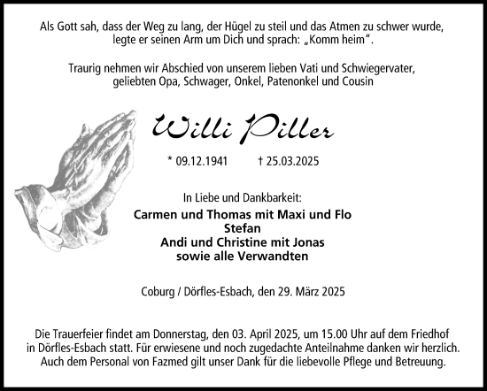 Traueranzeige von Willi Piller von Neue Presse Coburg