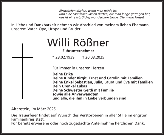 Traueranzeige von Willi Rößner von Neue Presse Coburg