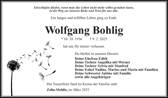 Traueranzeige von Wolfgang Bohlig von Südthüringer Presse