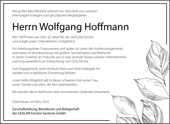 Traueranzeige von Wolfgang Hoffmann von Frankenpost
