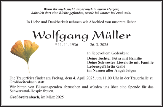Traueranzeige von Wolfgang Müller von Südthüringer Presse
