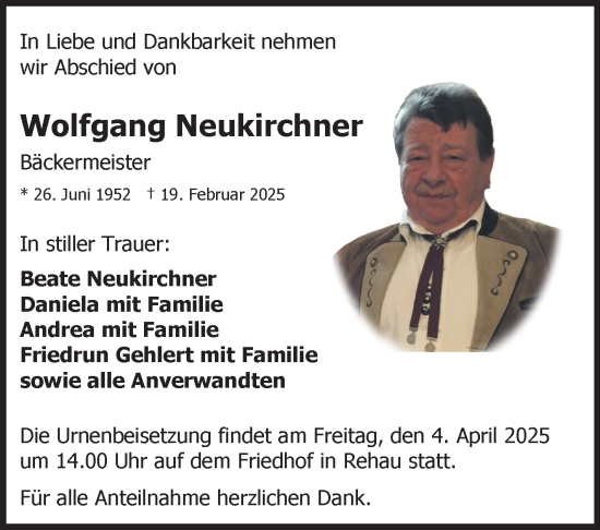 Traueranzeige von Wolfgang Neukirchner von Frankenpost
