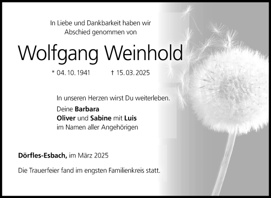 Traueranzeige von Wolfgang Weinhold von Neue Presse Coburg