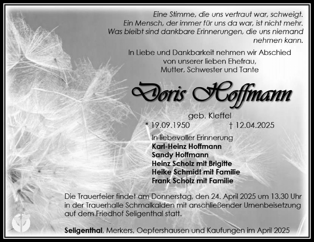  Traueranzeige für Doris Hoffmann vom 19.04.2025 aus Südthüringer Presse
