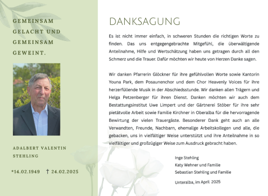Traueranzeige von Adalbert Valentin Stehling von Südthüringer Presse