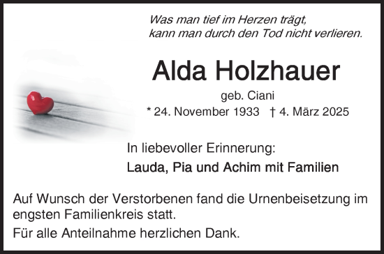 Traueranzeige von Alda Holzhauer von Frankenpost
