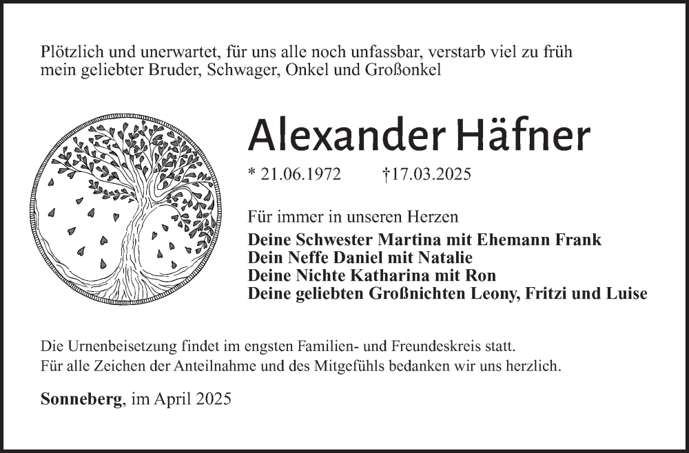  Traueranzeige für Alexander Häfner vom 16.04.2025 aus Südthüringer Presse
