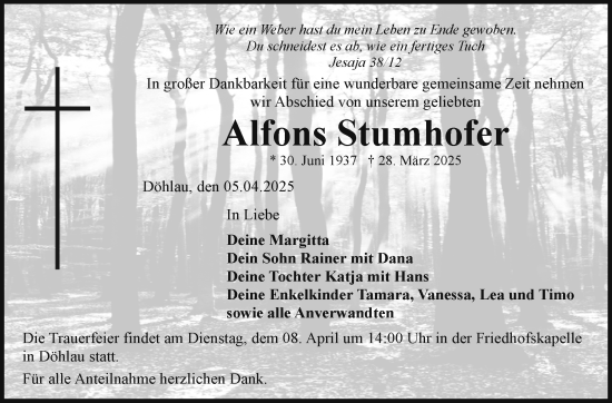 Traueranzeige von Alfons Stumhofer von Frankenpost