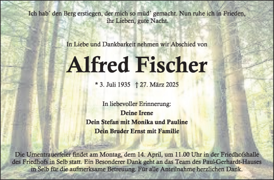 Traueranzeige von Alfred Fischer von Frankenpost