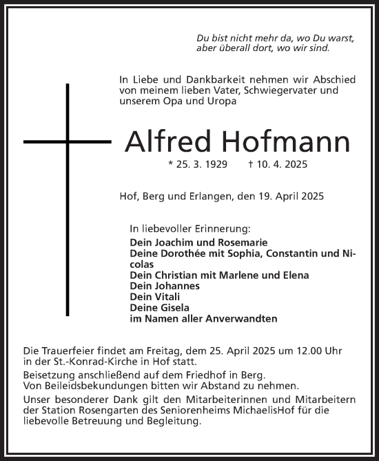 Traueranzeige von Alfred Hofmann von Frankenpost