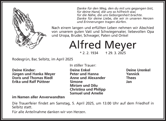 Traueranzeige von Alfred Meyer von Frankenpost