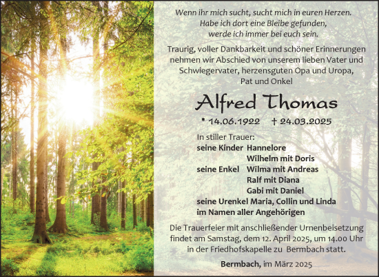 Traueranzeige von Alfred Thomas von Südthüringer Presse