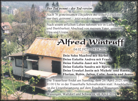 Traueranzeige von Alfred Wintruff von Südthüringer Presse
