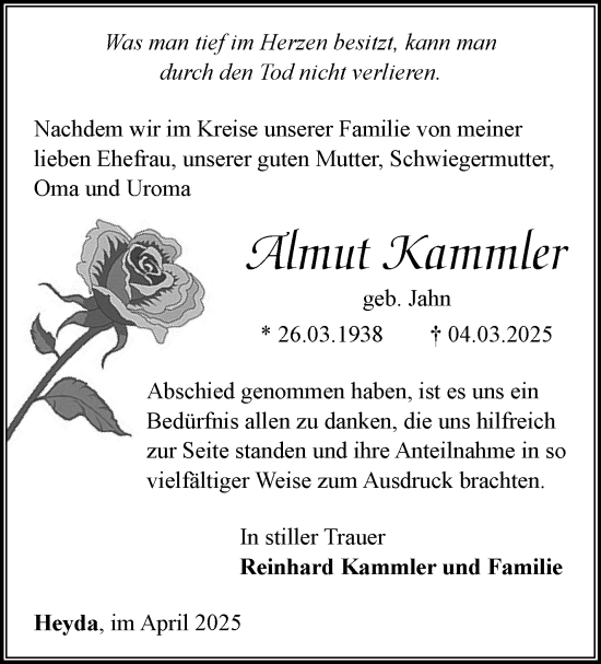 Traueranzeige von Almut Kammler von Südthüringer Presse