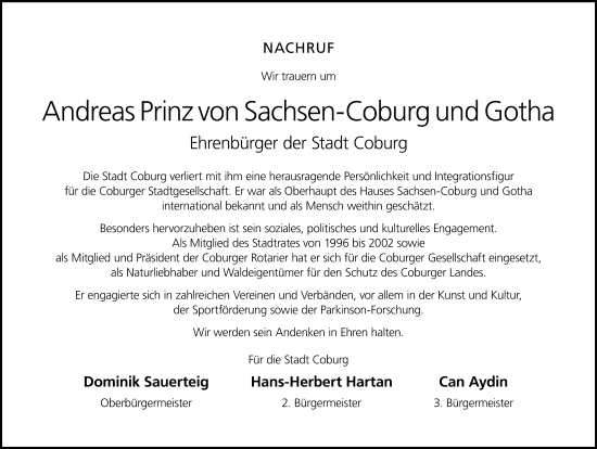 Traueranzeige von Andreas  Prinz von Sachsen-Coburg und Gotha von Neue Presse Coburg