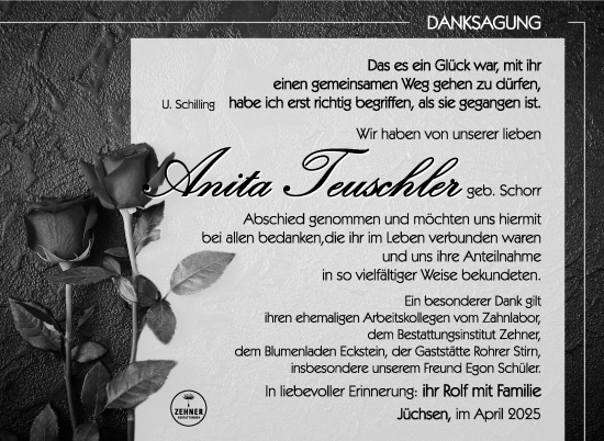 Traueranzeige von Anita Teuschler von Südthüringer Presse