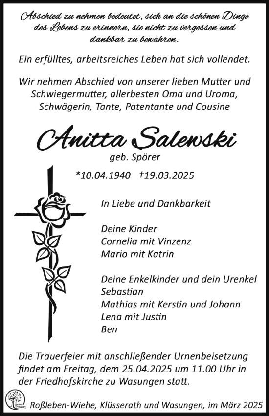 Traueranzeige von Anitta Salewski von Südthüringer Presse