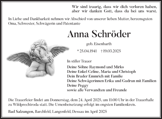 Traueranzeige von Anna Schröder von Südthüringer Presse
