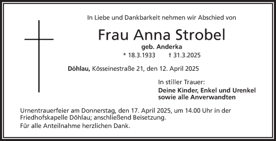 Traueranzeige von Anna Strobel von Frankenpost