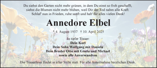 Traueranzeige von Annedore Elbel von Frankenpost