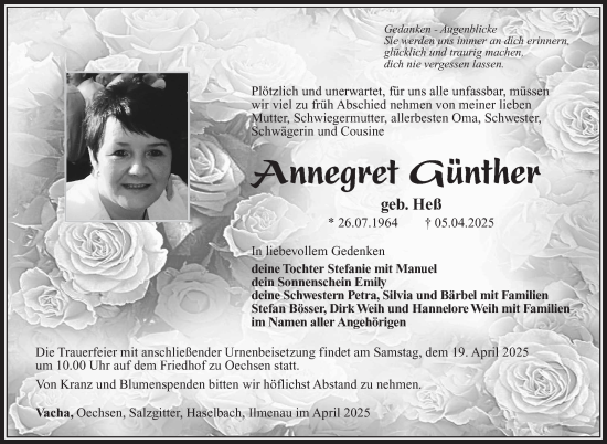 Traueranzeige von Annegret Günther von Südthüringer Presse