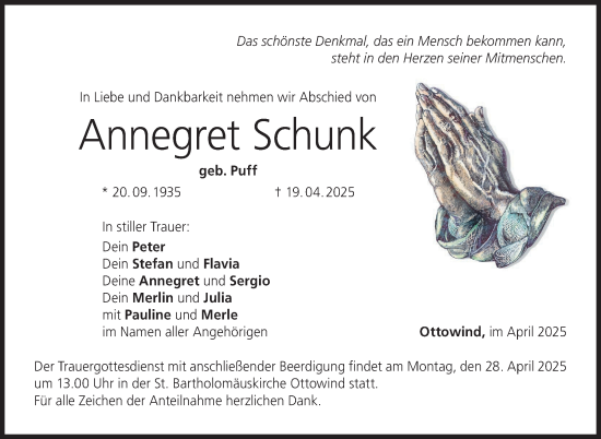 Traueranzeige von Annegret Schunk von Neue Presse Coburg