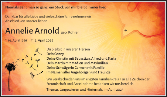 Traueranzeige von Annelie Arnold von Südthüringer Presse