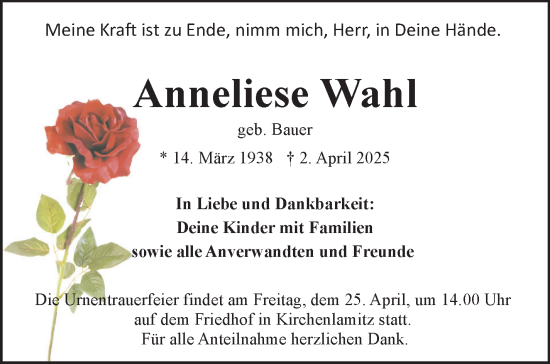 Traueranzeige von Anneliese Wahl von Frankenpost