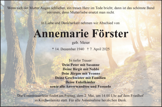 Traueranzeige von Annemarie Förster von Frankenpost