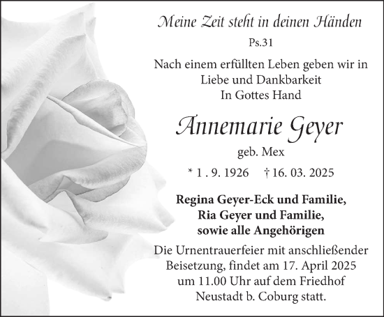 Traueranzeige von Annemarie Geyer von Neue Presse Coburg