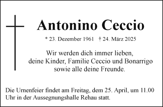 Traueranzeige von Antonio Ceccio von Frankenpost