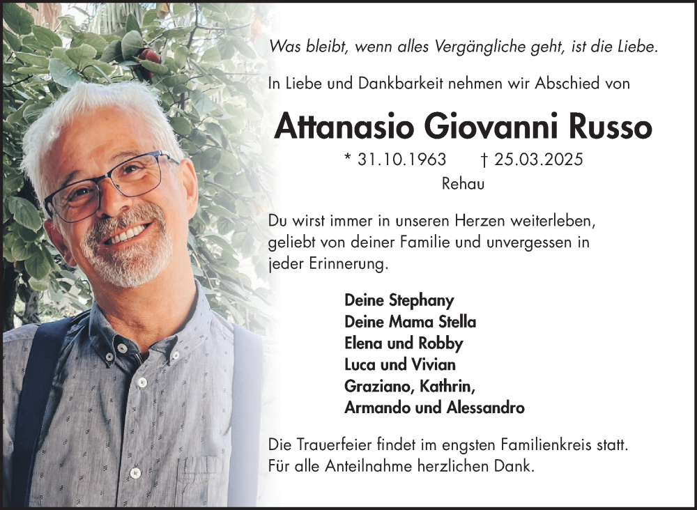  Traueranzeige für Attanasio Giovanni Russo vom 12.04.2025 aus Frankenpost