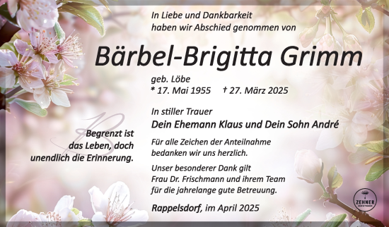 Traueranzeige von Bärbel-Brigitta Grimm von Südthüringer Presse
