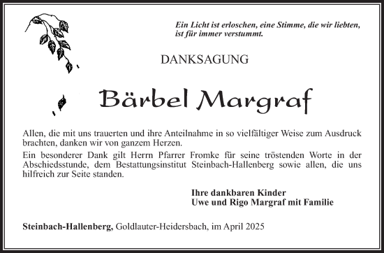 Traueranzeige von Bärbel Margraf von Südthüringer Presse