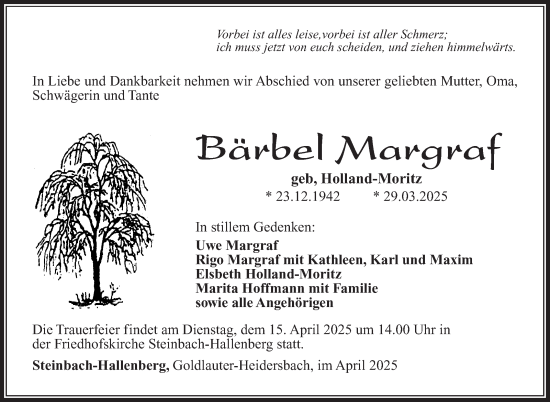 Traueranzeige von Bärbel Margraf von Südthüringer Presse