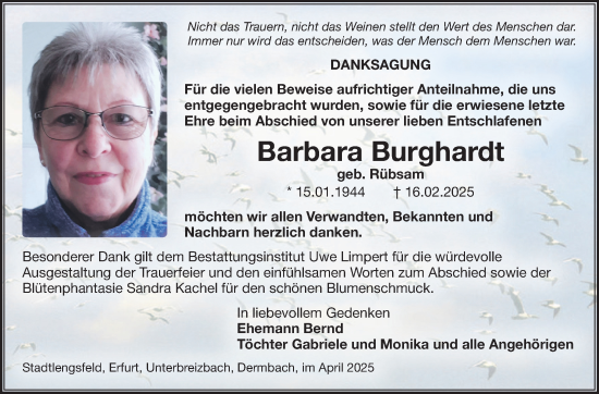 Traueranzeige von Barbara Burghardt von Südthüringer Presse