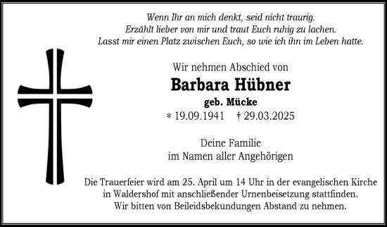 Traueranzeige von Barbara Hübner von Frankenpost
