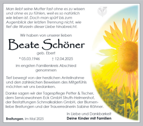 Traueranzeige von Beate Schöner von Südthüringer Presse