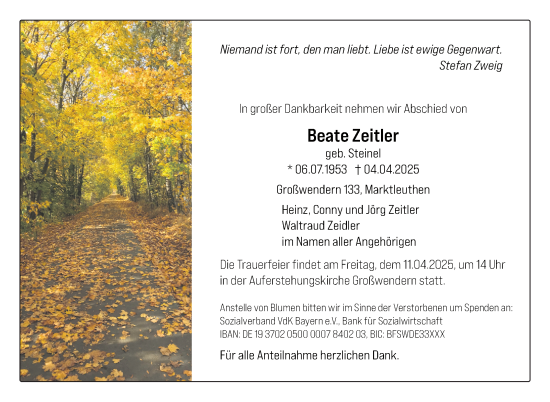 Traueranzeige von Beate Zeitler von Frankenpost