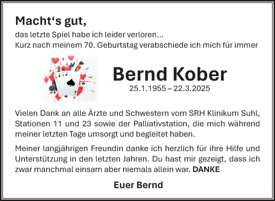 Traueranzeige von Bernd Kober von Südthüringer Presse