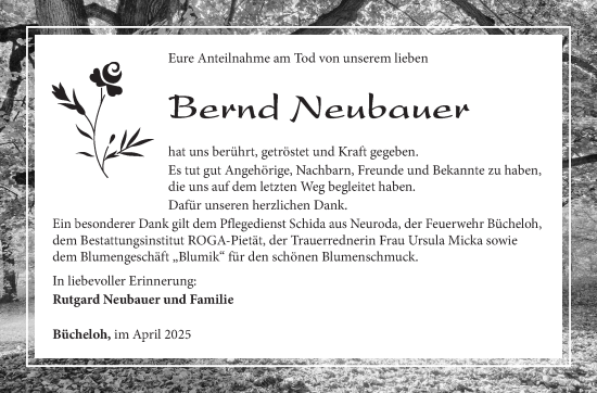 Traueranzeige von Bernd Neubauer von Südthüringer Presse