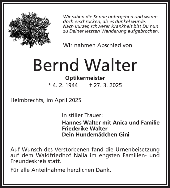 Traueranzeige von Bernd Walter von Frankenpost