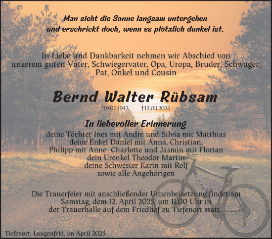 Traueranzeige von Bernd Walter Rübsam von Südthüringer Presse